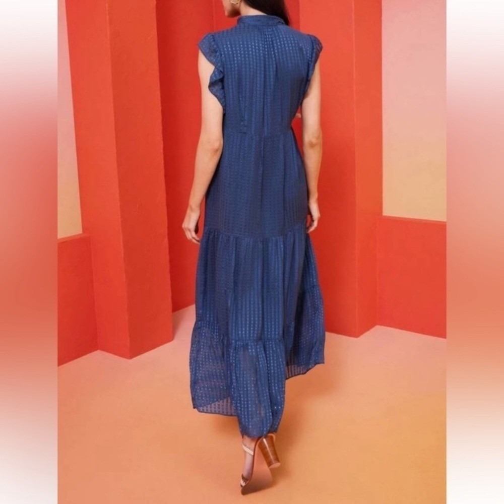Marie Oliver Kylee Dress, Ocean ruffle silk blend Size S maxi solid blue tie - Picture 5 of 16